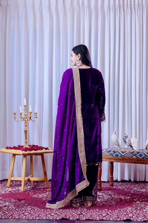 Purple Sequins Embroidery Work Viscose Velvet Suit – Kalyanja