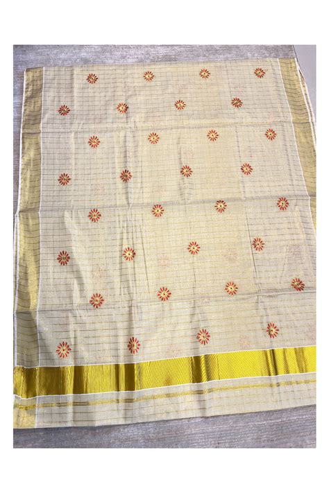 Southloom Kerala Tissue Kasavu Check Saree with Red Floral Embroidery ...