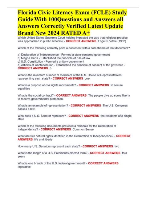 Florida Civic Literacy Exam (FCLE) Study Guide With 100Questions and ...