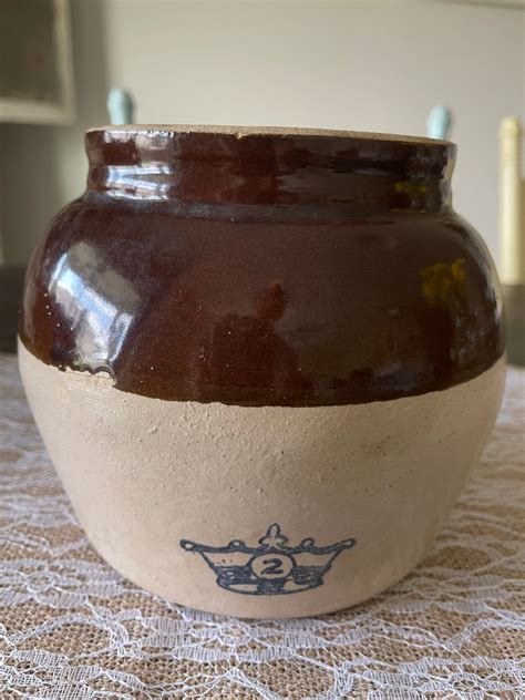 Vintage Bean Pot With Blue Stamp Vintage Stoneware With Marking Old ...