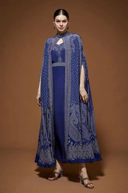 Buy Blue Crepe Rhinestones V-neck Embellished Cape Gown Set For Women ...