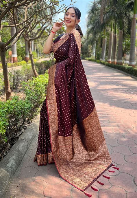 Dark Maroon Banarasi Katan Silk Zari Woven Saree – Elite Weaves