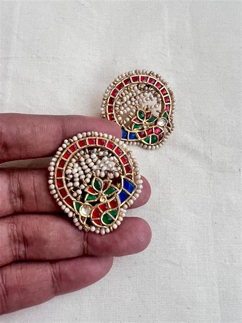 Gold polish kundan, ruby & emerald peacock studs with pearls | House of ...
