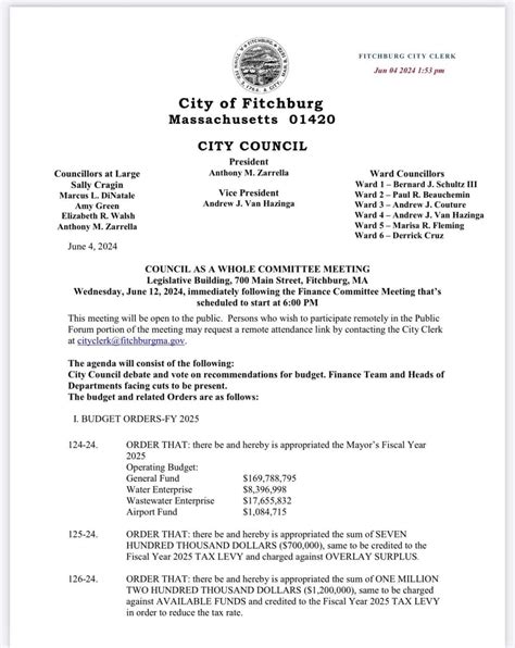 Fitchburg City Council final budget meeting agenda for June 12, 2024 ...