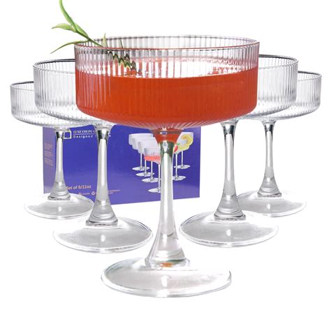 Amazon.com | KMIGRUAN 11oz Large Vintage Coupe Glasses Set of 6,Ribbed ...