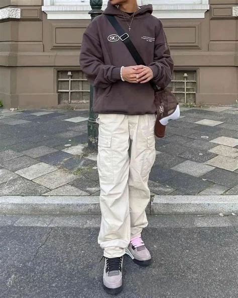 Drop Shoulder Brown Hoodie And Double Cep Kemer Detay Krem Baggy Kargo ...