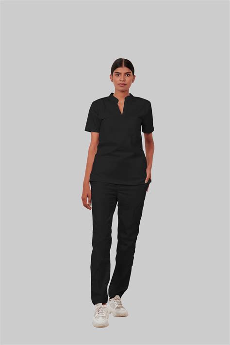 Stretchable (4Way) Female Black Mandarin Neck With Straight Pant Set ...