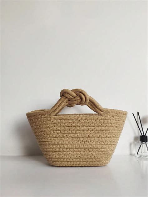 1pc Beige Auspicious Knot Woven Rope Small Tote Bag, Cute Handbag ...