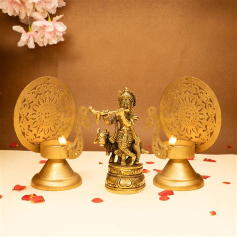 Buy Ekhasa 100% Pure Brass Lord Krishna Idol with Flute & Tealight ...
