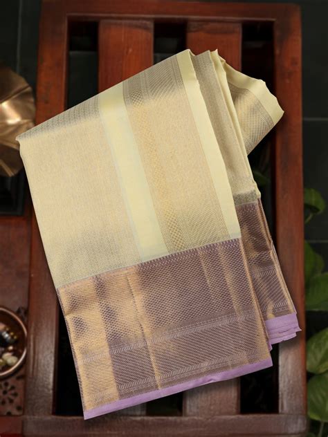 Men Elegant Premium Pure Silk Cream Dhoti & Towel Set with 6" inch Gold ...