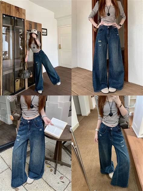 High Waist Dark Wash Destroy Wide Leg Jeans | Savana | Bestsellers