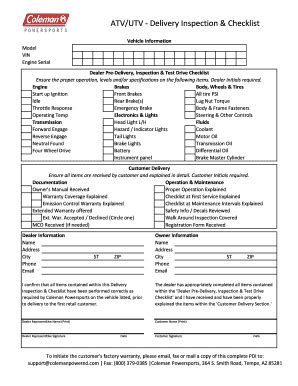 AZ Coleman Powersports ATVUTV Delivery Inspection - Fill Out, Sign ...