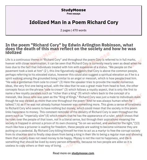 Idolized Man in a Poem Richard Cory Free Essay Example