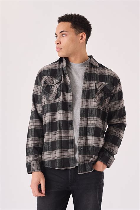 Men's Black and Grey Plaid Flannel Check Shirt | JMOJO
