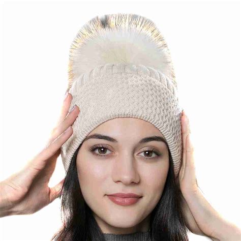 URSFUR Winter Womens Bobble Hat Unisex Wool Knit Beanie Cap with Fur ...