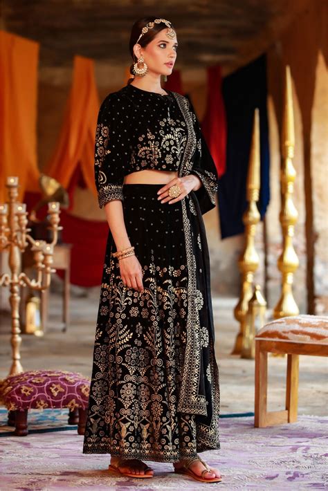 Black Ethnic Motif Velvet Lehenga Choli & Dupatta Set | Juniper