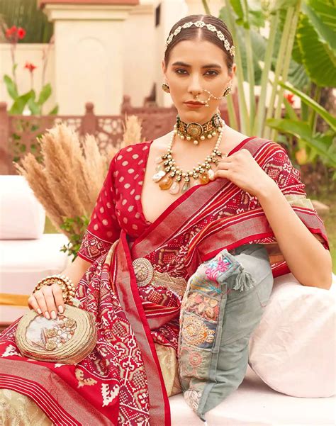 Cream and Red Floral Patola Silk Designer Saree – South India Shopping Mall