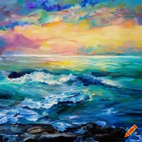 Impressionist painting of ocean waves crashing onto rocky shore on Craiyon