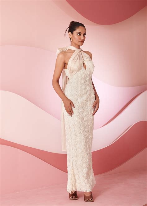 Rabia Ivory 3D Floral Embroidered Cutout Gown