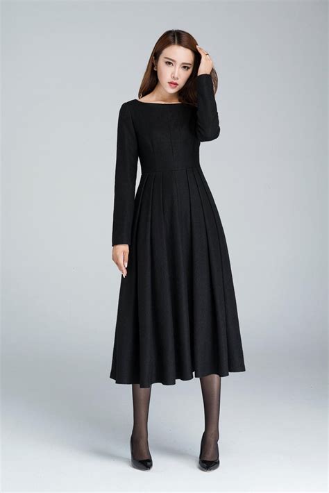 Black Winter Midi Wool Dress, Boat Neck Pleated Dress, Long Sleeve ...