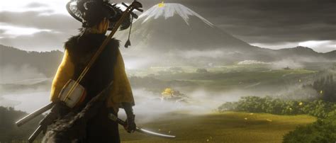 Player character Atsu looks down over a beautiful vista in Ghost of Yotei.