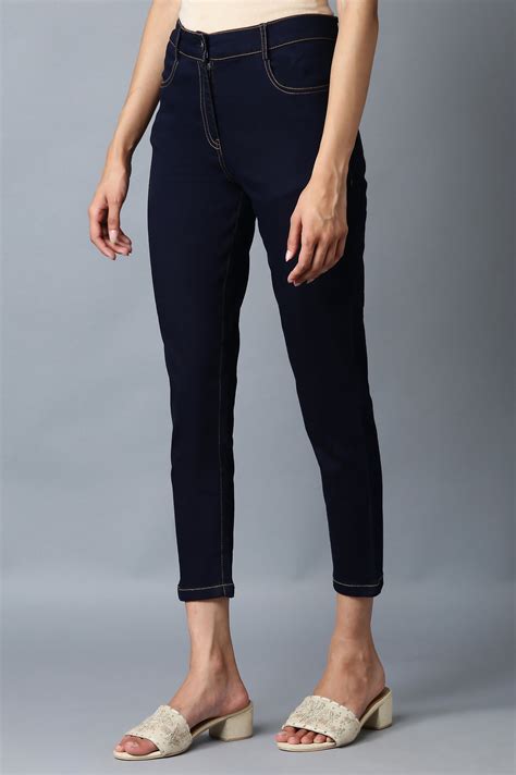 Buy Elleven Women's Navy Blue Solid Slim Fit Denim Pants With Front Zip ...