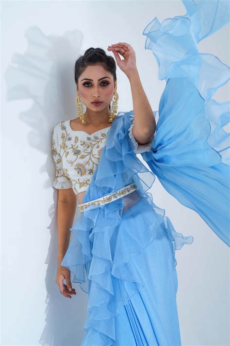 Powder Blue Ruffled Pre-Draped Saree Set – Suruchi Parakh