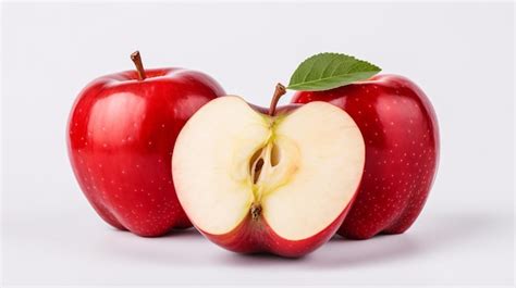 A luscious singular red apple quartered posed on a blank canvas ...