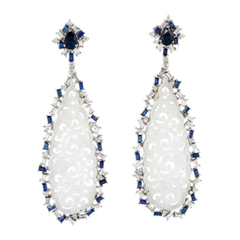 Hand Carved Jade Blue Sapphire 18 Karat Gold Diamond Earrings For Sale at 1stDibs