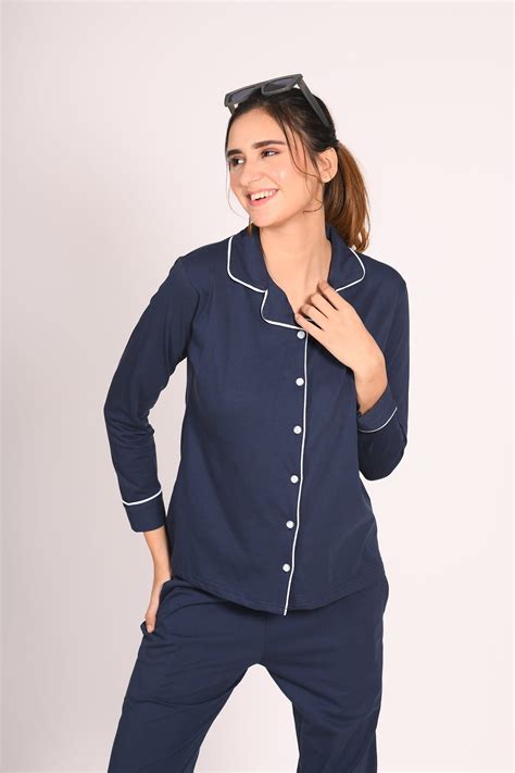 Solid Navy 100% Cotton Full Sleeve Nightsuit | Breathable & Cozy ...