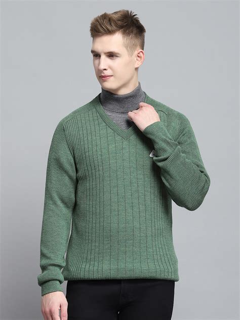 Buy Men Green Solid V Neck Full Sleeve Pullover Online in India - Monte ...