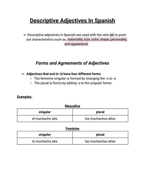 Descriptive Adjectives In Spanish