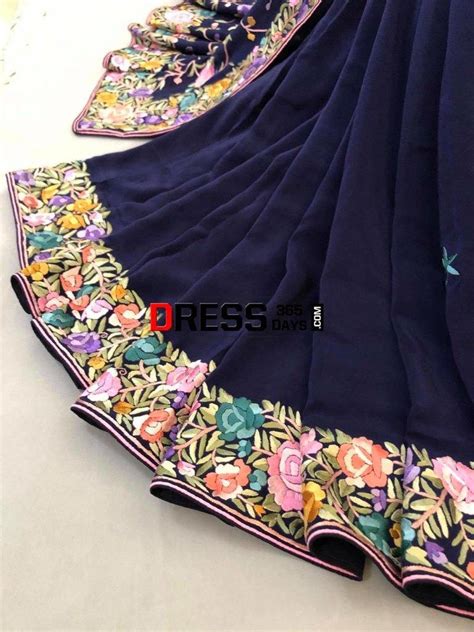 Pre-Order Navy Border Pallu Hand Embroidered Parsi Gara Saree(pre orde ...