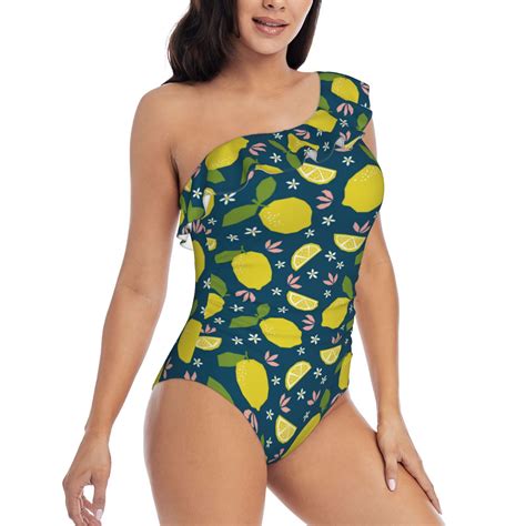 One Piece Swim Suits for Women 2024 - Cute Lemon Flowers Ruffle Bathing ...