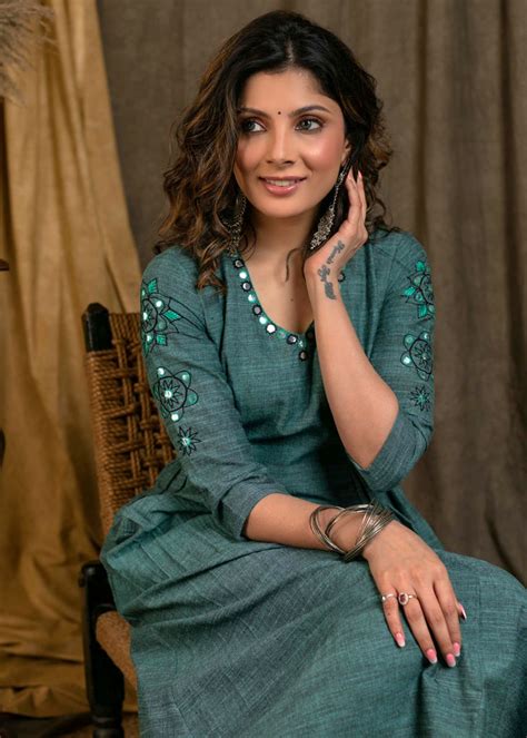 Classy Green Pure Cotton A-Line Pleated Kurta with Hand-Made Mirror Wo ...