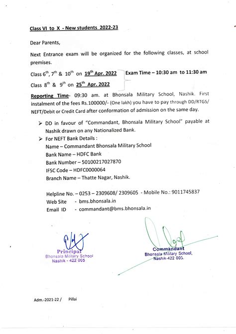 Second Entrance Exam for class 6 to 10 - Bhonsala Military School