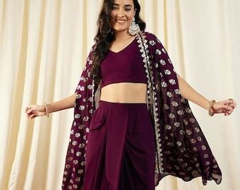 Buy Women Sequin Crop Top With Dhoti Pants and Long Jacket, Indo ...