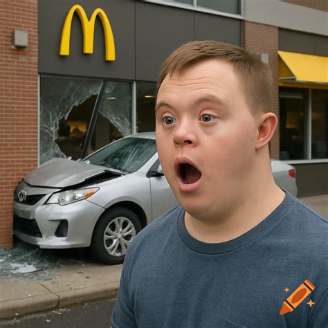 A man with Down syndrome looks shocked as a car crashes into a McDonald ...