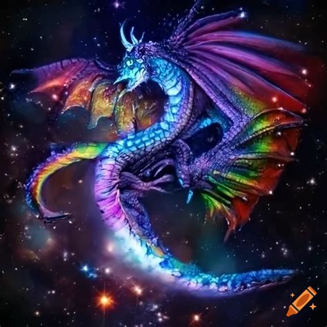Hyper-realistic depiction of a cosmic rainbow dragon