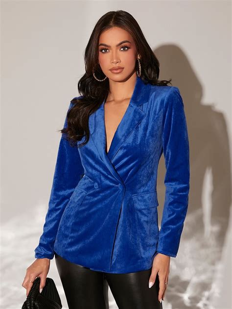 Notched Collar Double Breasted Velvet Blazer | SHEIN USA