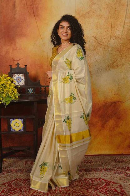 Kerala Golden Tissue Saree with Golden Shower Floral Print – Byhand