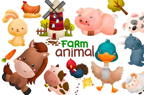 Watercolor Farm Animals Clipart - Cute Animal Clip Art – inkleystudio
