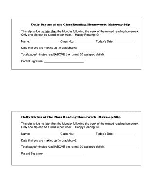 Fillable Online Daily Status of the Class Reading Homework Make-up Slip ...