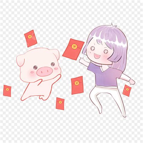 猪和小女孩恭喜新年卡通插畫收藏猪和小女孩年復一年猪和小女孩抱著大元寶猪女孩2019, 祝福袋, 小女孩, 猪素材圖案，PSD和PNG圖片免費下載
