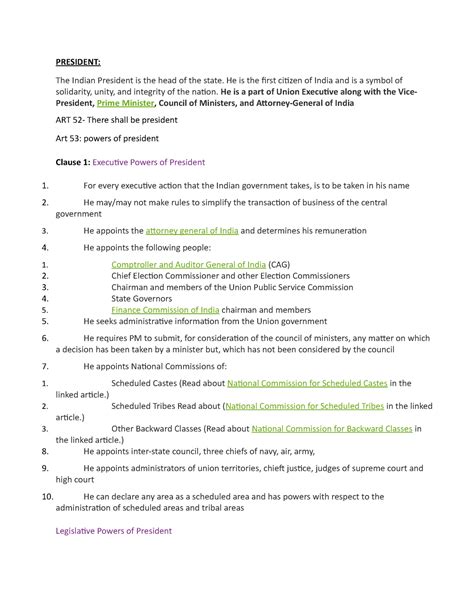 Constitutional law 2 - Notes - PRESIDENT: The Indian President is the ...