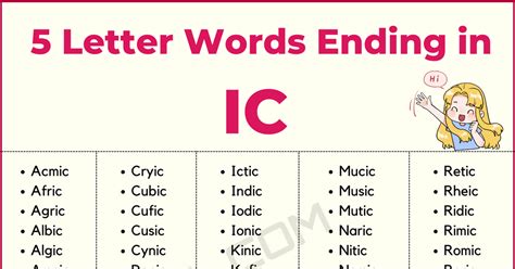 183 Examples of 5 Letter Words Ending in IC in English • 7ESL