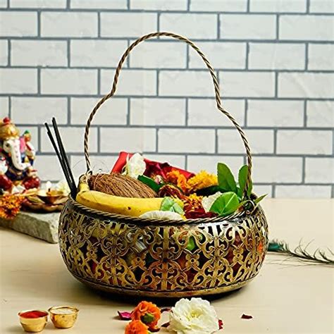 Buy PujaNPujari Metal Round Flower Basket With Handle Best For Puja ...