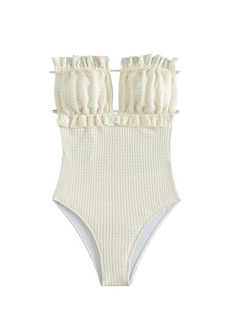 MakeMeChic Women's Strapless Bathing Suit Color Block Frill Trim Tie ...