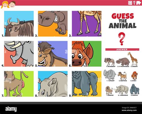 Guess cartoon animal characters educational task Stock Photo - Alamy