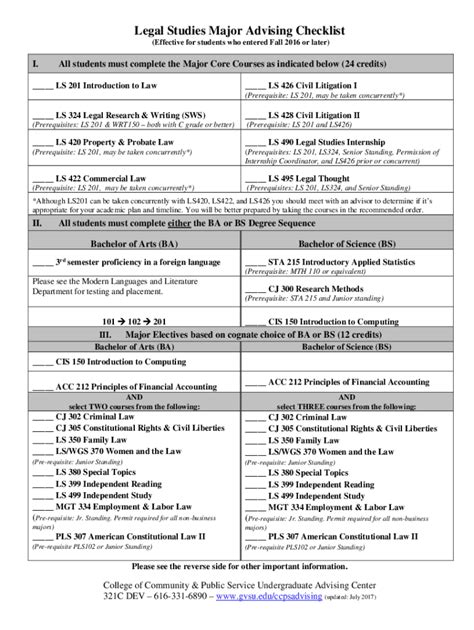 Fillable Online Legal Studies Major Advising Checklist Fax Email Print ...